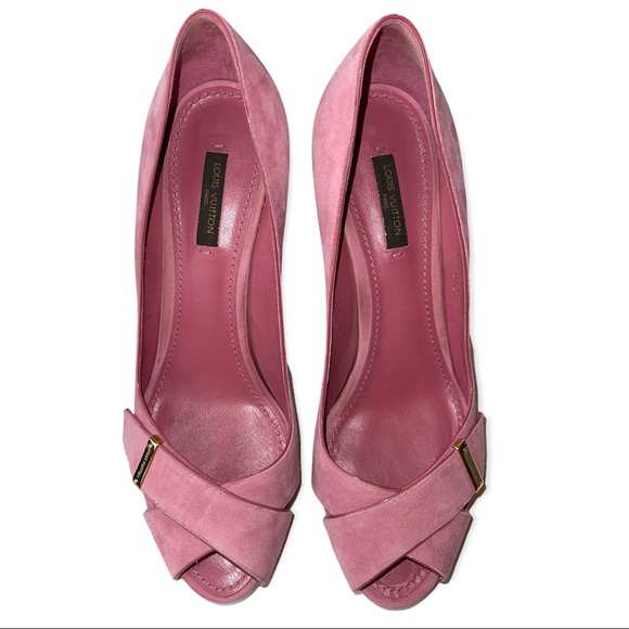 LOUIS VUITTON Pumps Pink Suede Crisscross Peep Toe Stiletto Heels Size 38.5 - Picture 15 of 16
